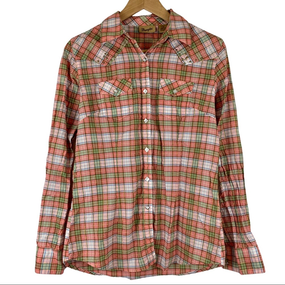 WRANGLER | Studded Western Plaid Button Down Top Womens Size S Small - Picture 1 of 7